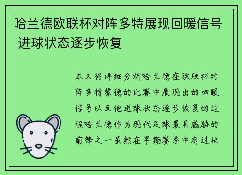 哈兰德欧联杯对阵多特展现回暖信号 进球状态逐步恢复