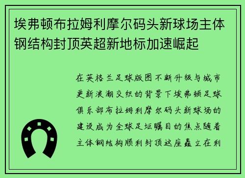 埃弗顿布拉姆利摩尔码头新球场主体钢结构封顶英超新地标加速崛起
