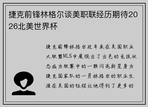 捷克前锋林格尔谈美职联经历期待2026北美世界杯