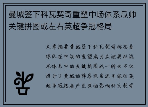 曼城签下科瓦契奇重塑中场体系瓜帅关键拼图或左右英超争冠格局 曼城签下科瓦契奇重塑中场体系瓜帅关键拼图或左右英超争冠格局
